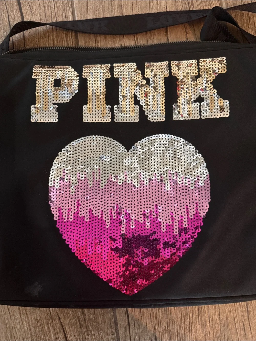 Vintage PINK Sequin Heart Crossbody Laptop Bag - Black with Pink/Silver Sequins